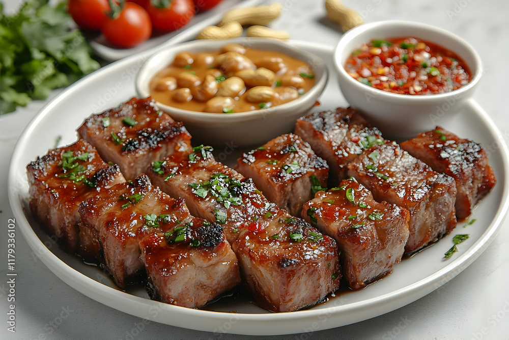 Grilled pork ribs with peanut and chili sauces, garnished with parsley, served on a white plate. Grilled pork ribs with peanut and chili sauces, garnished with parsley, served on a white plate.