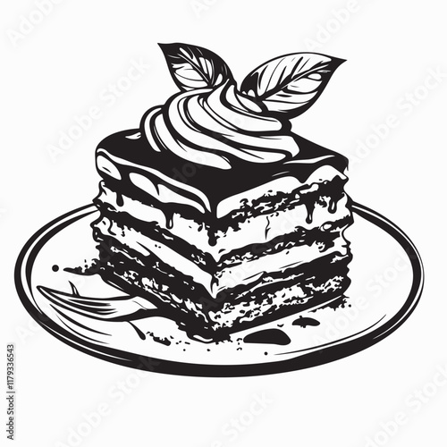 Black and white illustration of hand drawn tiramisu vector isolated on white background.