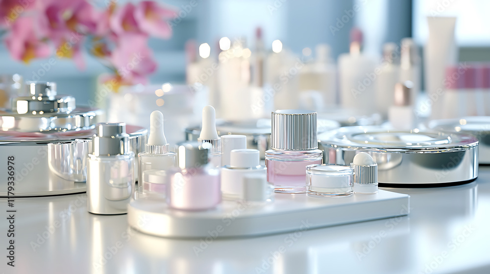 collection of elegant cosmetic containers on bright surface, showcasing various shapes and sizes, perfect for beauty enthusiasts collection of elegant cosmetic containers on bright surface, showcasing various shapes and sizes, perfect for beauty enthusiasts