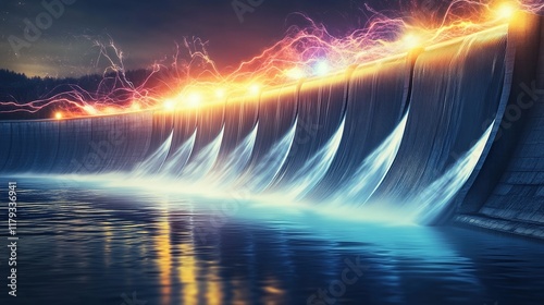 Hydroelectric dam generating power at night with energy sparks. photo