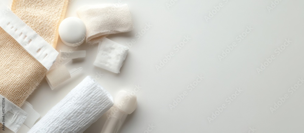 Fototapeta premium Beige and white cotton swabs, gauze pads, and bandages on white background.