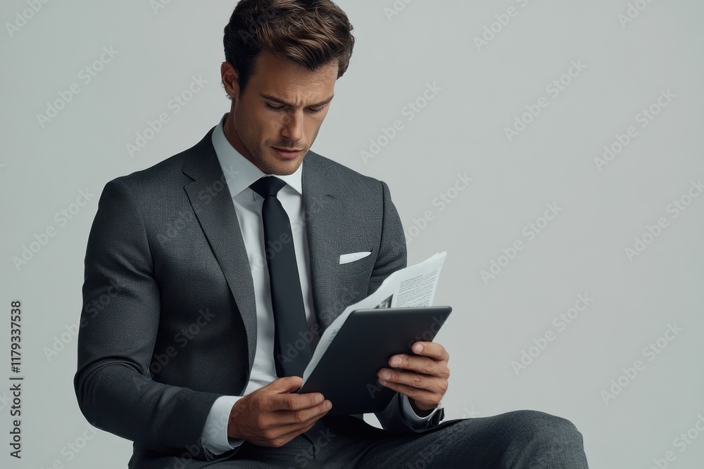 Concentrated businessman reviewing documents and tablet. Concentrated businessman reviewing documents and tablet.