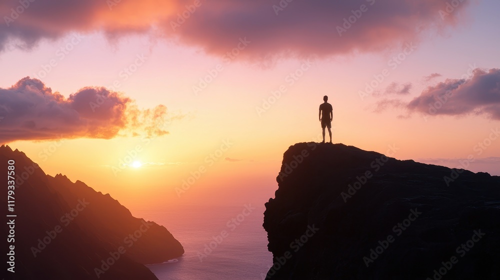 Man Standing on Mountain Edge at Sunset Horizon Man Standing on Mountain Edge at Sunset Horizon
