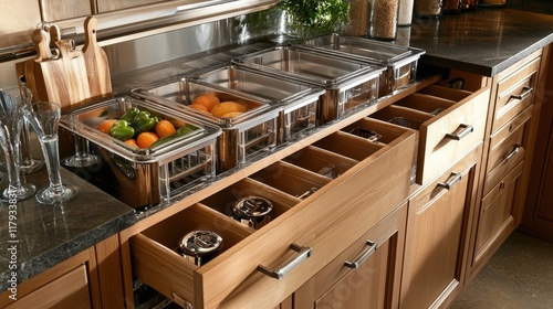 compact kitchen with smart storage solutions, including pull-out shelves and hanging organizers photo