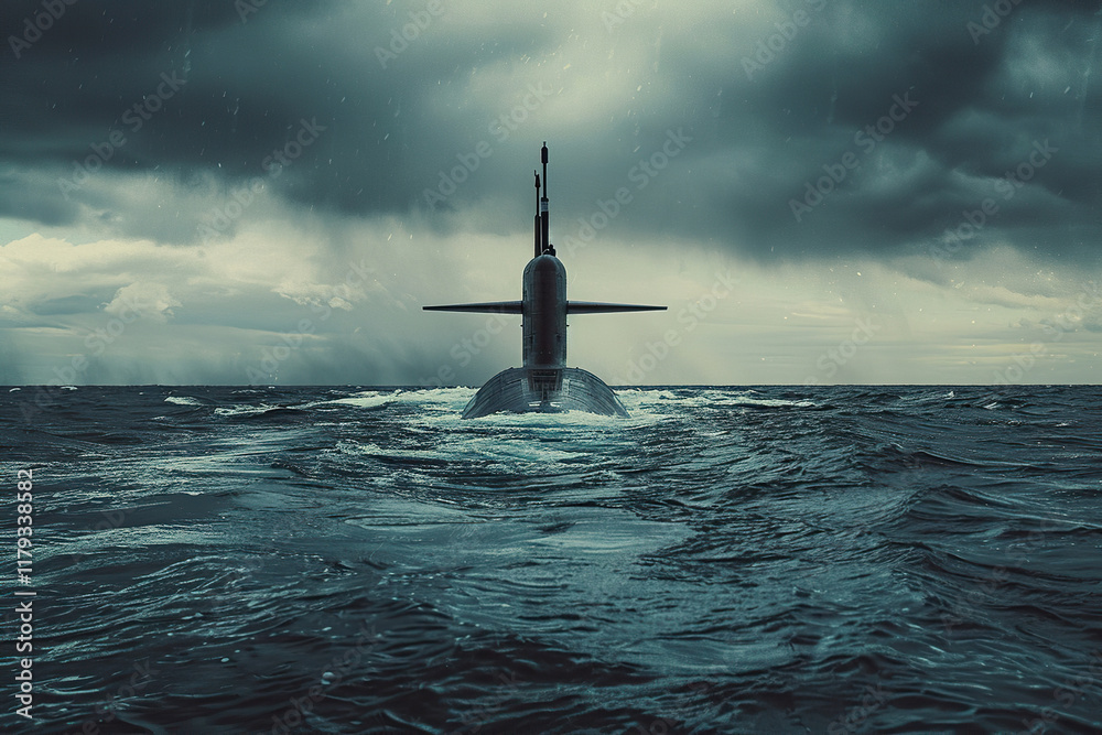Fototapeta premium Beautiful large submarine floating in middle of deep ocean during mission, abstract vivid composition consists of fictional unreal fantastic vision on background