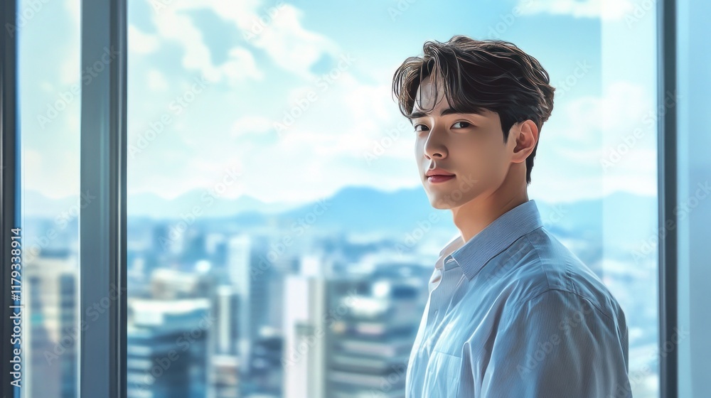 Young man in light shirt looking over city skyline from window.