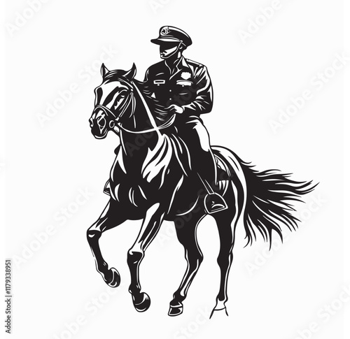 Mounted Police Officer Riding Horse Vector Image isolated on white background.