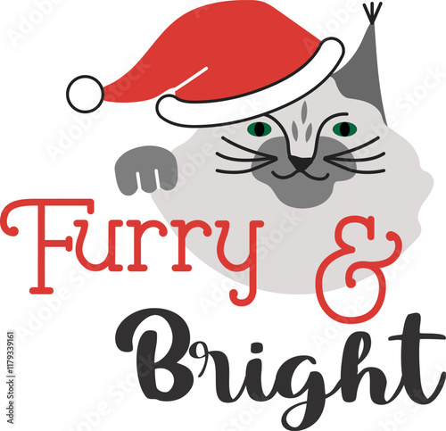 Furry & Bright. Lettering design with cat character and festive Christmas elements.