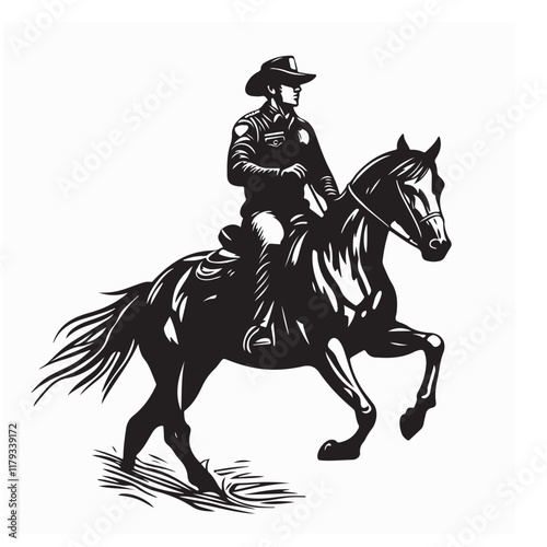Mounted Police Officer Riding Horse Vector Image isolated on white background.