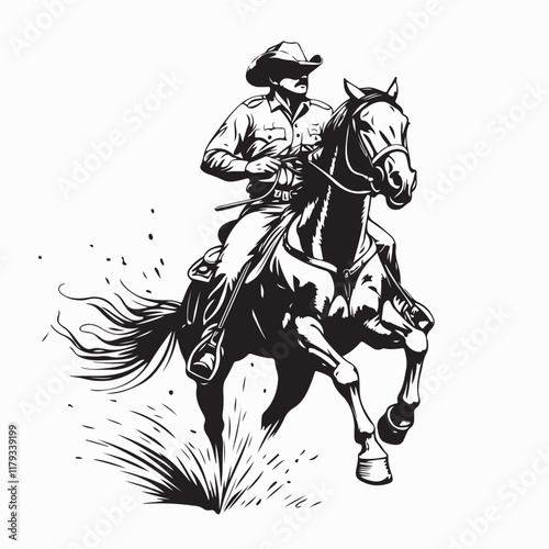 Black and white Mounted Police Officer Riding Horse Vector Image isolated on white background.