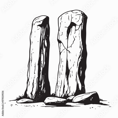 Mysterious Standing Stones image Vector. Black and white Mysterious Standing Stones image.