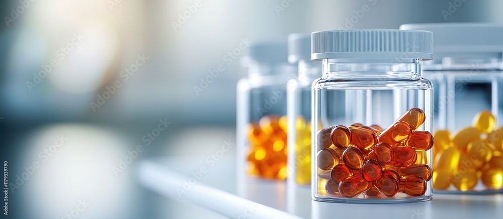Close-up of several jars filled with various capsules. Close-up of several jars filled with various capsules.
