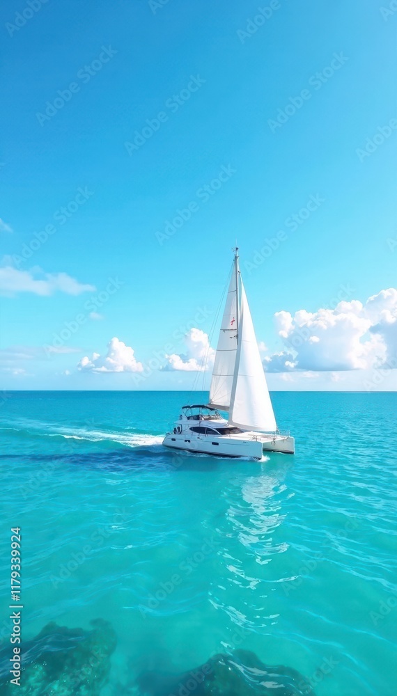 Naklejka premium Sunny day with a sailboat gliding effortlessly across a calm clear blue sea, Ocean, Water