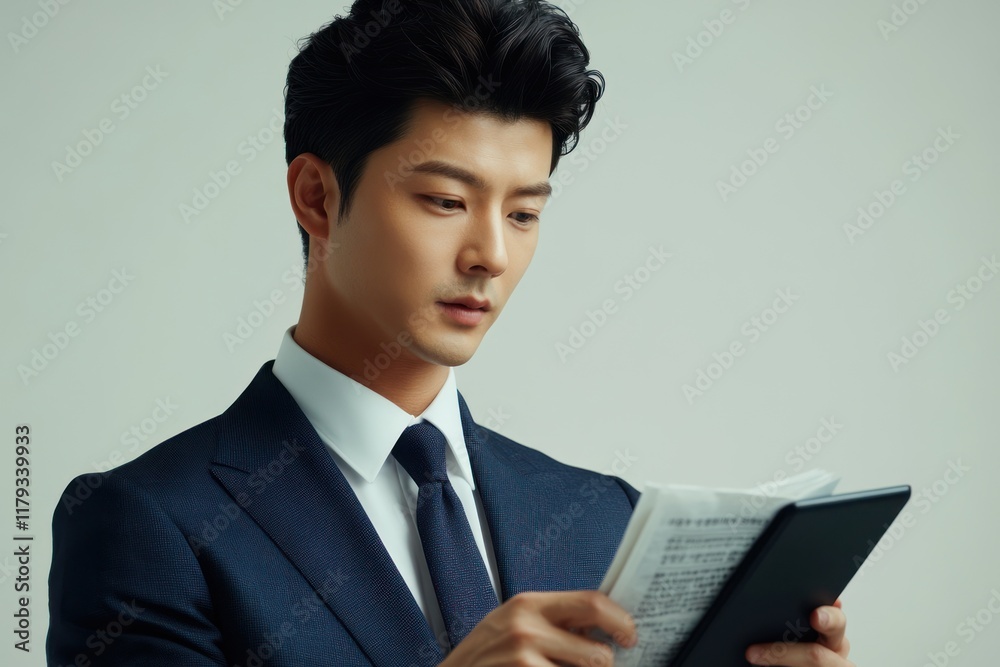Focused businessman reviewing documents on tablet. Focused businessman reviewing documents on tablet.