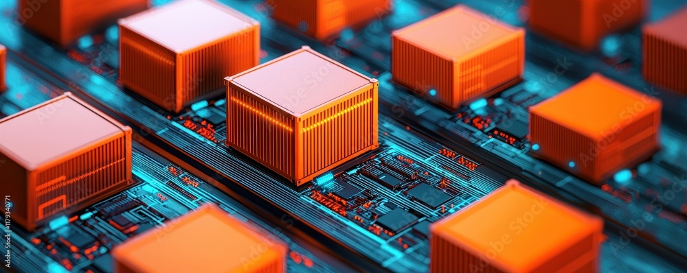 Orange Containers on Futuristic Circuit Board Data Center Technology Abstract Network Concept