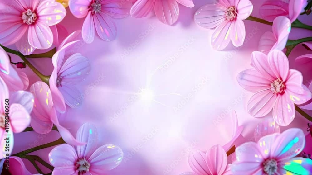 Floral frame with flowers shimmering holographic glares on pastel background, greeting cards, advertising, promotions, flower shops, events, Copy space. Floral frame with flowers shimmering holographic glares on pastel background, greeting cards, advertising, promotions, flower shops, events, Copy space.