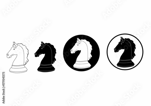 Set of chess knight icons in black and white variations, including outline, solid, and circular badge styles. Clean vector design suitable for logos or graphics.