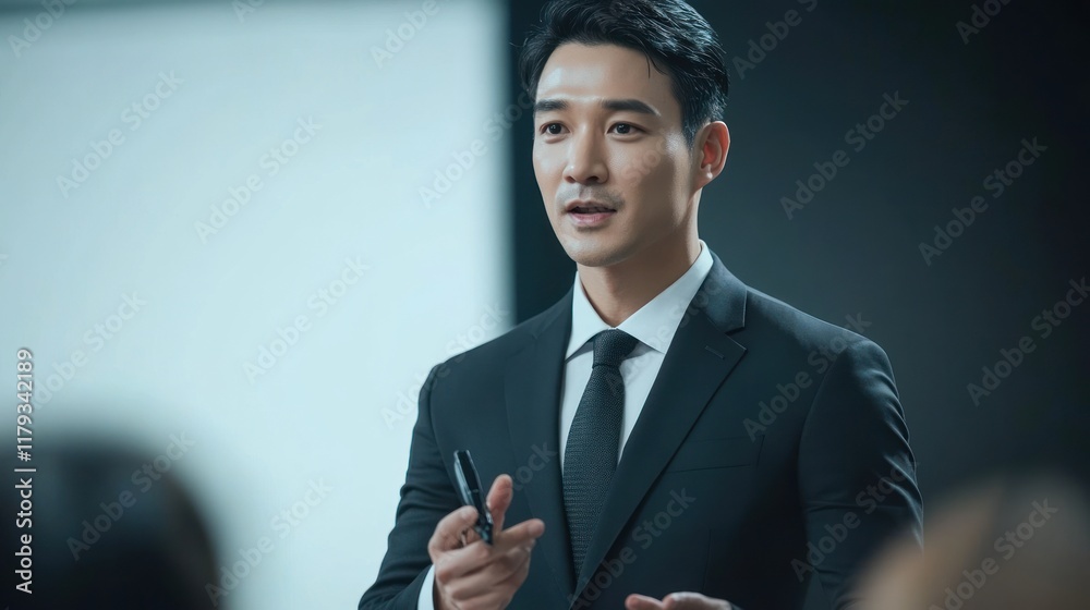 Confident businessman giving a presentation, speaking to colleagues.