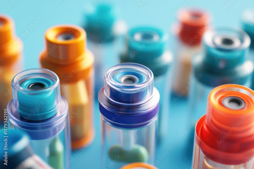 Close-up of colorful transparent vials with pills.