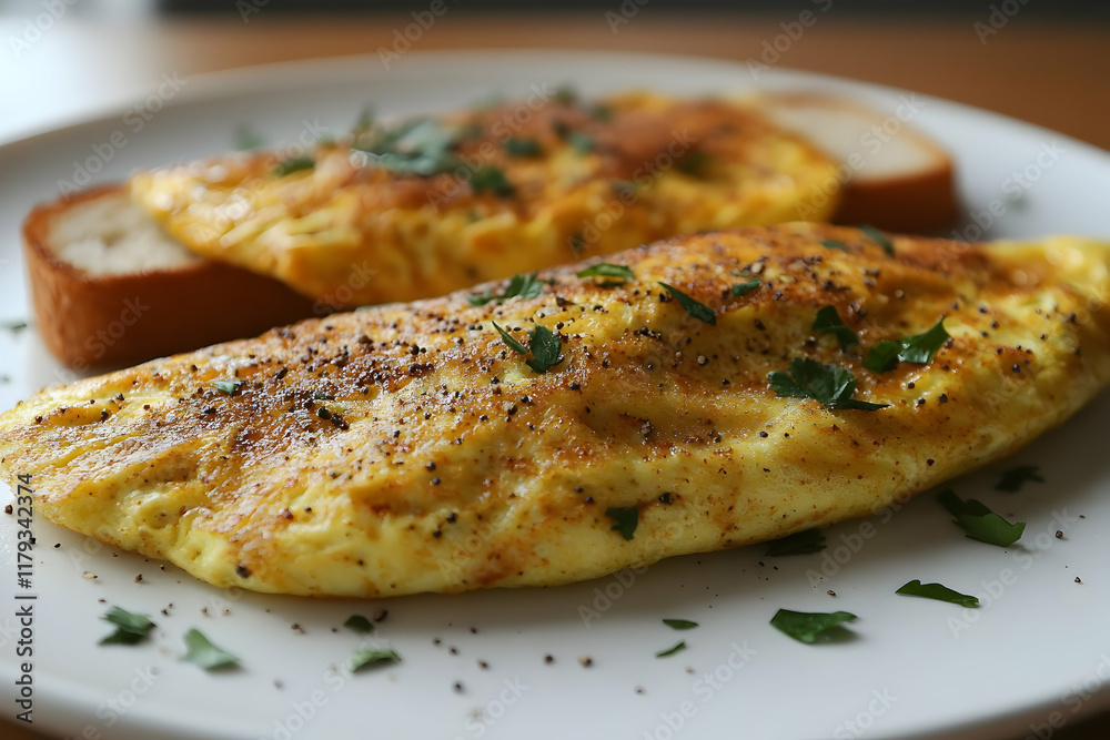 Delicious omelet with spices served with toast on a white plate. Delicious omelet with spices served with toast on a white plate.