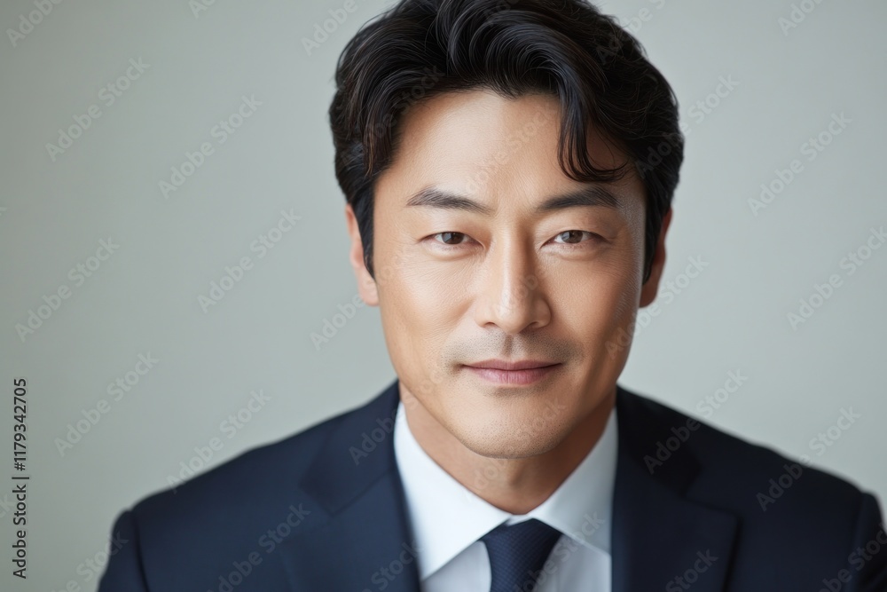 Close-up portrait of a handsome Asian man in a suit, subtly smiling. Close-up portrait of a handsome Asian man in a suit, subtly smiling.