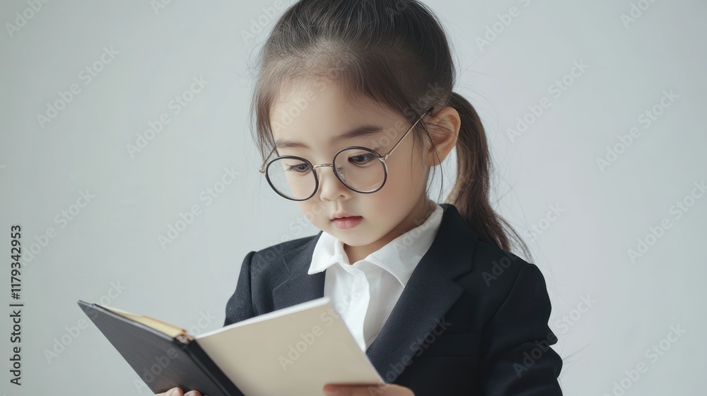A cute girl in a suit reads a book. A cute girl in a suit reads a book.