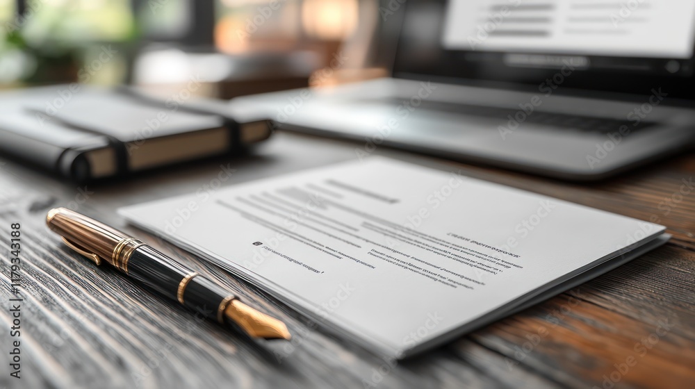 Fototapeta premium Business Contract Signing: A Close-Up of a Luxurious Fountain Pen Resting on a Formal Document, Next to a Laptop and Notebook, Illustrating Professionalism and Detail-Oriented Work.