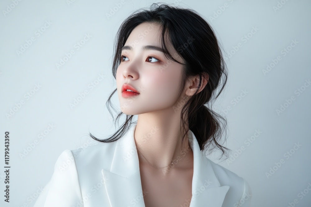 Young Asian woman in white blazer, looking away. Young Asian woman in white blazer, looking away.