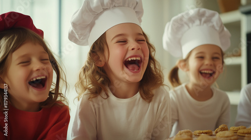 Energetic group of children laughing and pretending to bake cookies with a toy oven, their chef hats adding charm to the playful atmosphere. photo