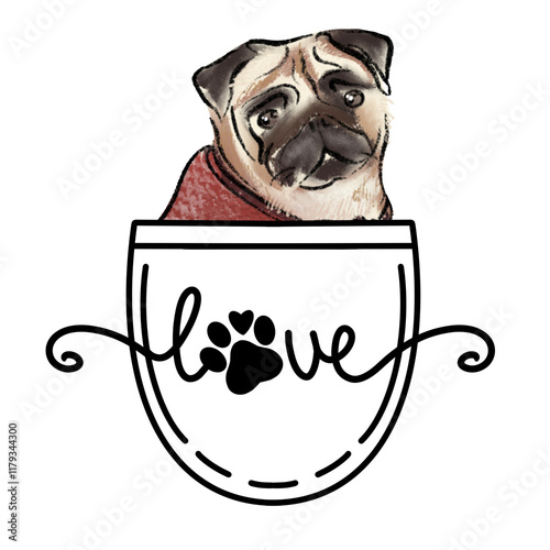 Pug puppy peeking from a pocket silhouette, a playful and cute design perfect for pet-themed projects and apparel, hand drawn text Love photo