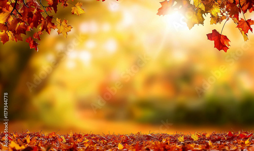 Autumn background with blurred autumn leaves on trees and falling leaves in a park at sunset. Autumn natural landscape with copy space, a fall season background. Generative Ai