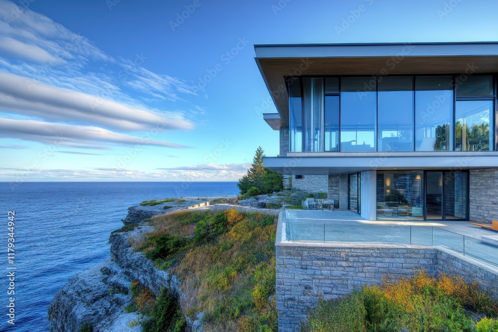 A contemporary clifftop home with glass walls overlooking an expansive ocean view A contemporary clifftop home with glass walls overlooking an expansive ocean view