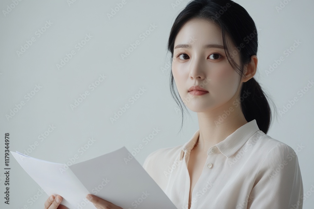 Young Asian woman in beige shirt holding documents, serious expression, white background. Young Asian woman in beige shirt holding documents, serious expression, white background.