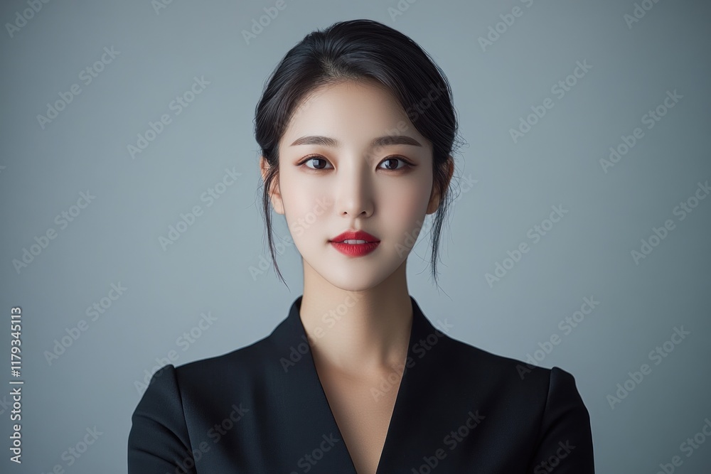 Portrait of a young Asian woman in a black blazer, looking directly at the camera. Portrait of a young Asian woman in a black blazer, looking directly at the camera.