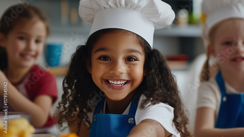 Close-up of diverse childrenâs happy faces as they play with a toy kitchen set, their chef hats and aprons highlighting their imaginative and collaborative play. photo