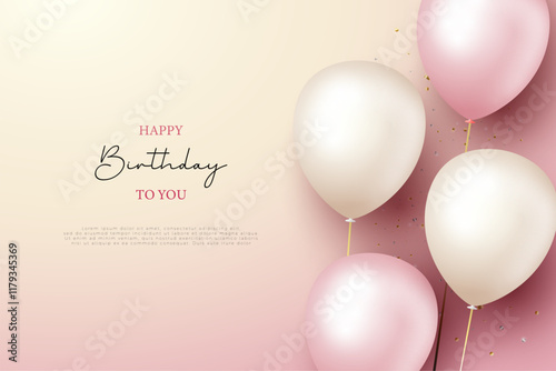 Happy birthday with white and pink balloons