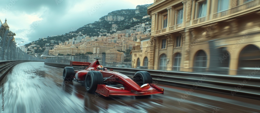 Obraz premium Red Formula 1 race car speeds on the wet road on the Monaco Grand Prix track, with the city and surrounding hills in the background.