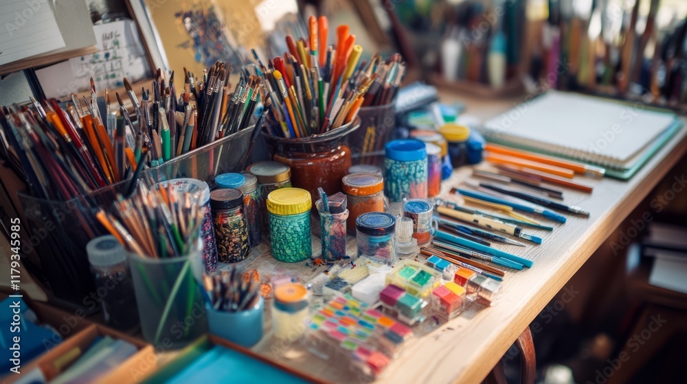 Work place of a creative person with a variety of colorful stationery objects Work place of a creative person with a variety of colorful stationery objects