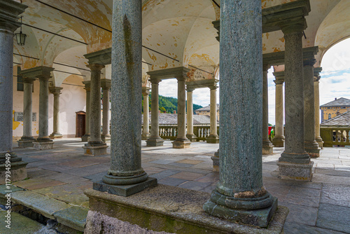 Ancient colonnade at the famous Oropa Shrine, close to the city of Biella, Italy.