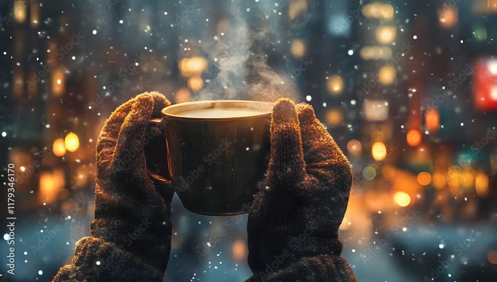 Fototapeta premium Warm Winter Drink in Snowy Cityscape: Cozy Night Comfort with Steaming Mug and Gloves.