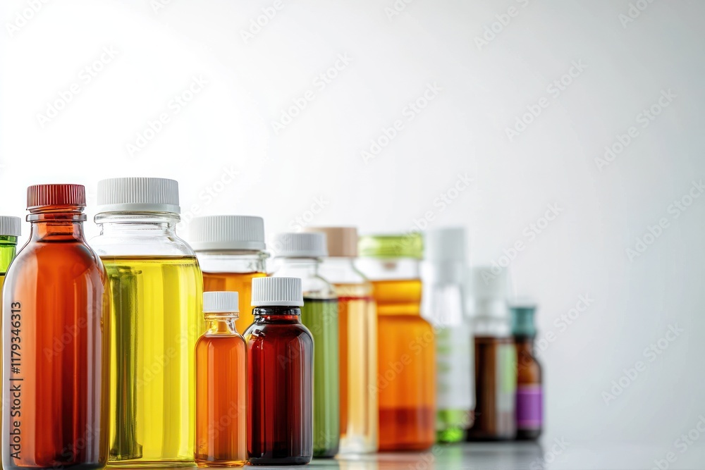 Colorful bottles of essential oils and liquids on white background. Colorful bottles of essential oils and liquids on white background.