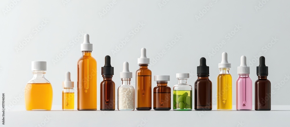 Collection of amber glass bottles with dropper caps, containing various liquids and pills. Collection of amber glass bottles with dropper caps, containing various liquids and pills.