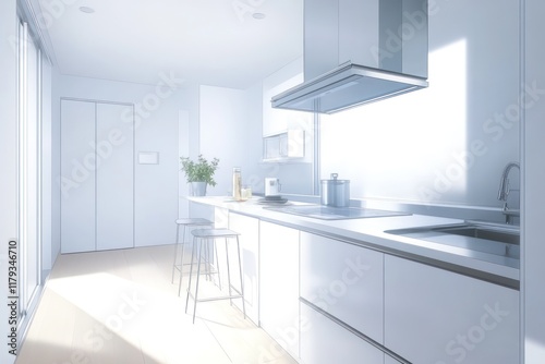 Wallpaper Mural Sunlit minimalist kitchen with white cabinets, island, and bar stools. Torontodigital.ca