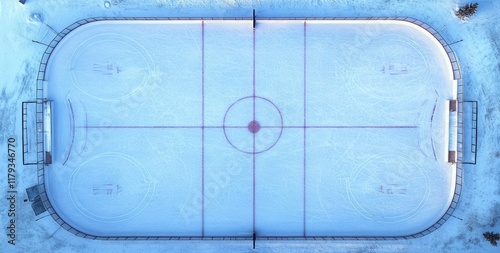 Ice hockey rink, ice texture, light blue color background, top view, high-resolution photography, incredibly detailed. photo