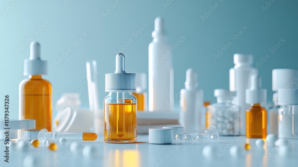 Close-up of various amber and white medicine bottles, pills, and capsules on a light blue surface. Close-up of various amber and white medicine bottles, pills, and capsules on a light blue surface.
