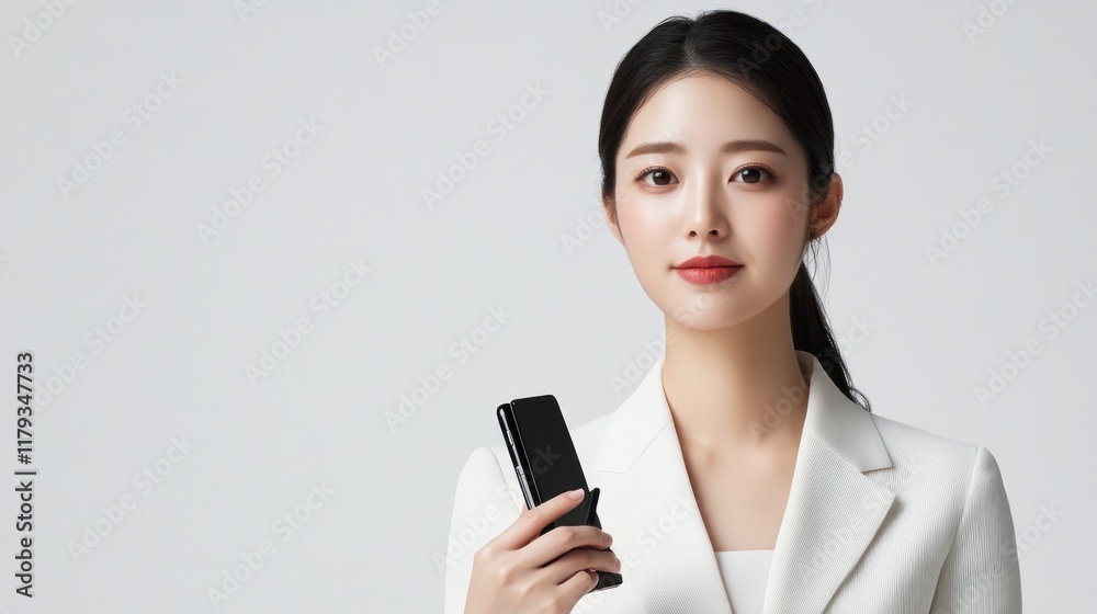 Confident businesswoman holding smartphone, isolated on white. Confident businesswoman holding smartphone, isolated on white.