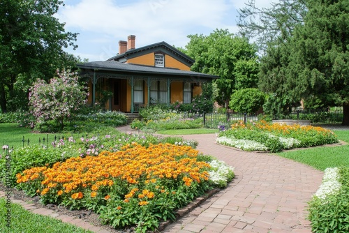 a house with a flower garden in front of it