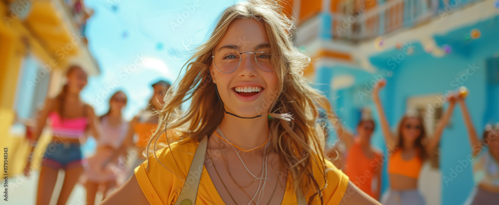 Obraz premium Young woman smiling joyfully in vibrant summer scene with friends