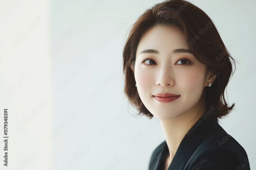 Portrait of a young Asian businesswoman with short hair, smiling subtly against a bright background. Portrait of a young Asian businesswoman with short hair, smiling subtly against a bright background.