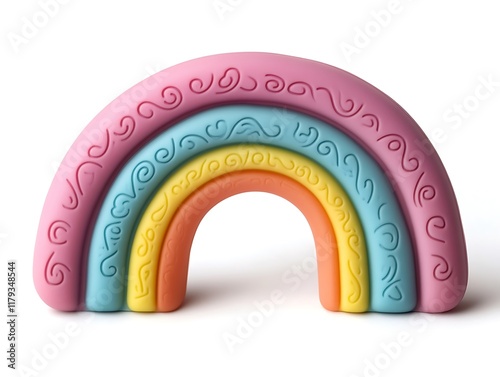 Soft silicone teething toy shaped like a rainbow with engraved patterns photo